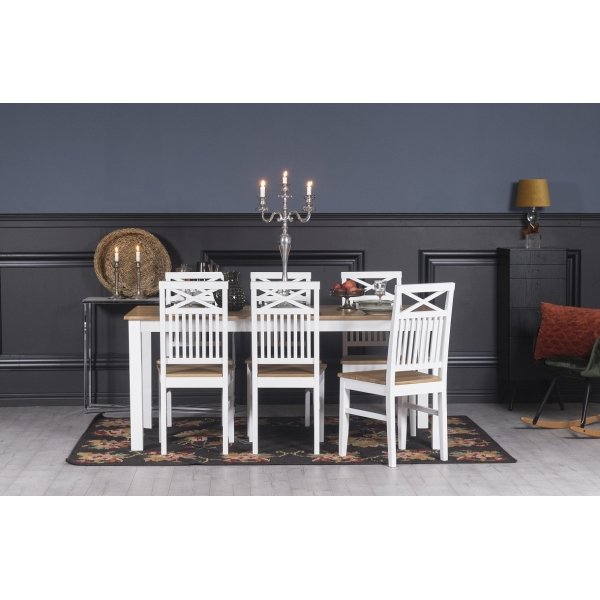 Dalar�s spisegruppe 180 cm bord hvit/eik + 6 st Dalar�s kryss spisestoler