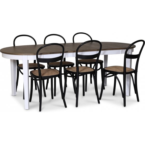 Skagen spisegruppe; spisebord 160/210x90 cm - Hvit / brunoljet eik med 6 stk Danderyd No.16 stoler Svart Skagen spisegruppe; spisebord 160/210x90 cm - Hvit / brunoljet eik med 6 stk Danderyd No.16 stoler Svart